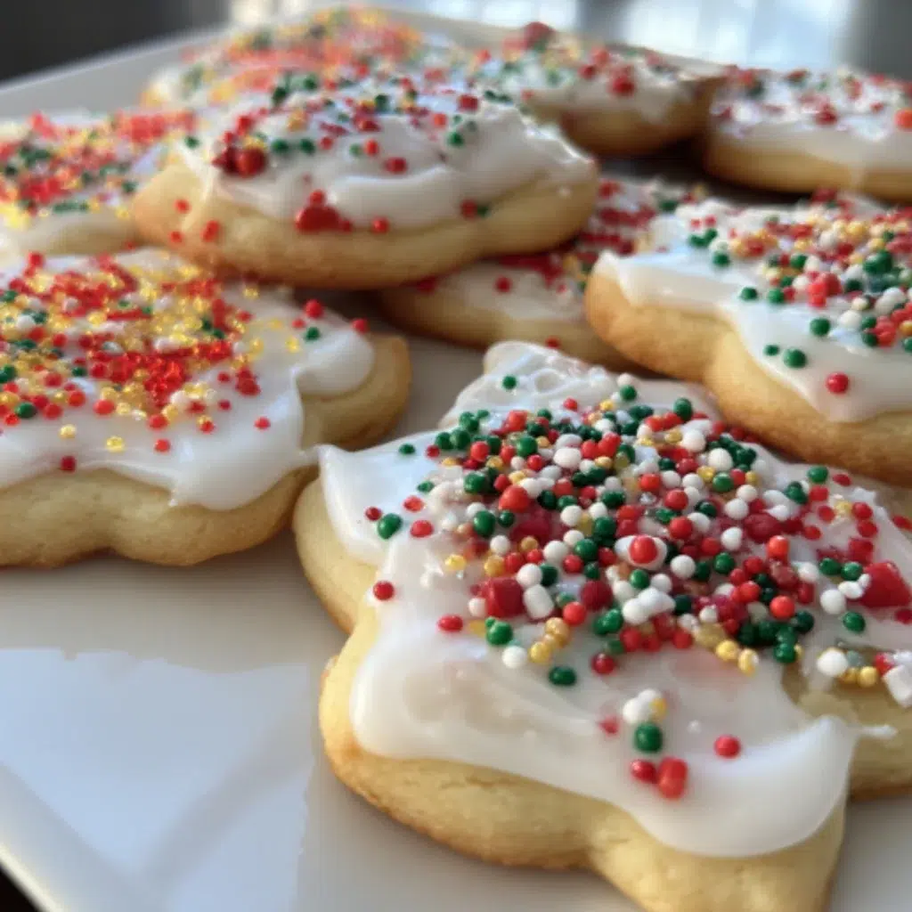 Plated sugar cookies served with colorful sprinkles and icing decorations