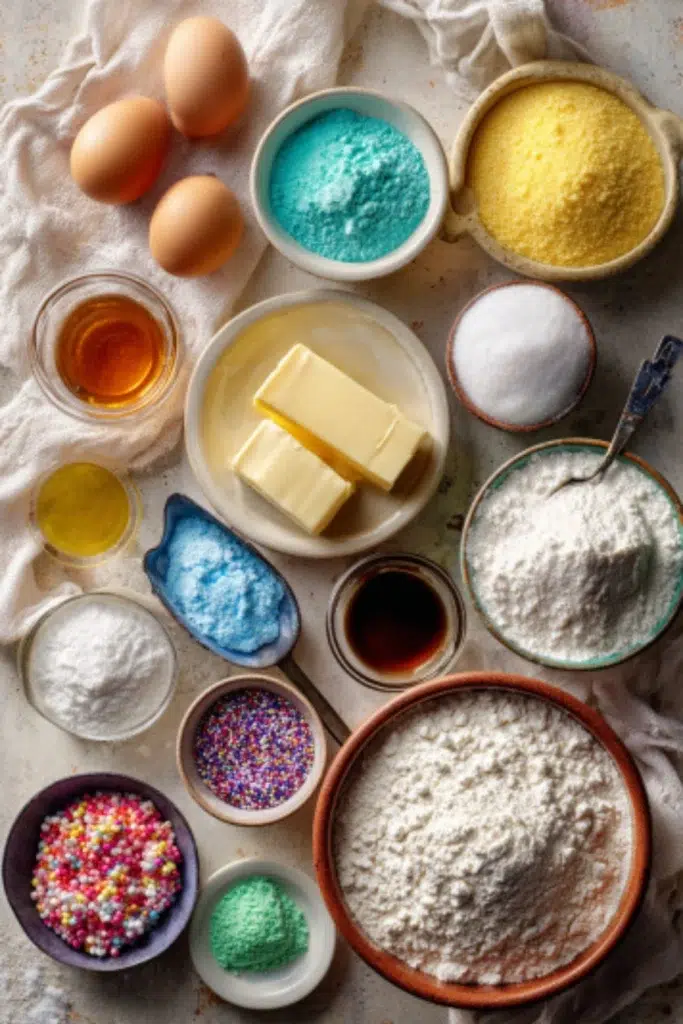 All ingredients for sugar cookies neatly arranged for baking preparation