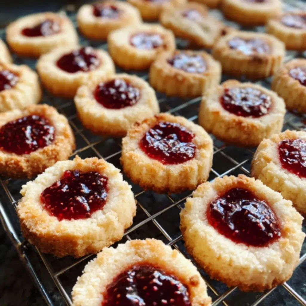 Plated Christmas Thumbprint Cookies with golden edges and raspberry jam centers, dusted with powdered sugar, ready to serve on a festive holiday platter.