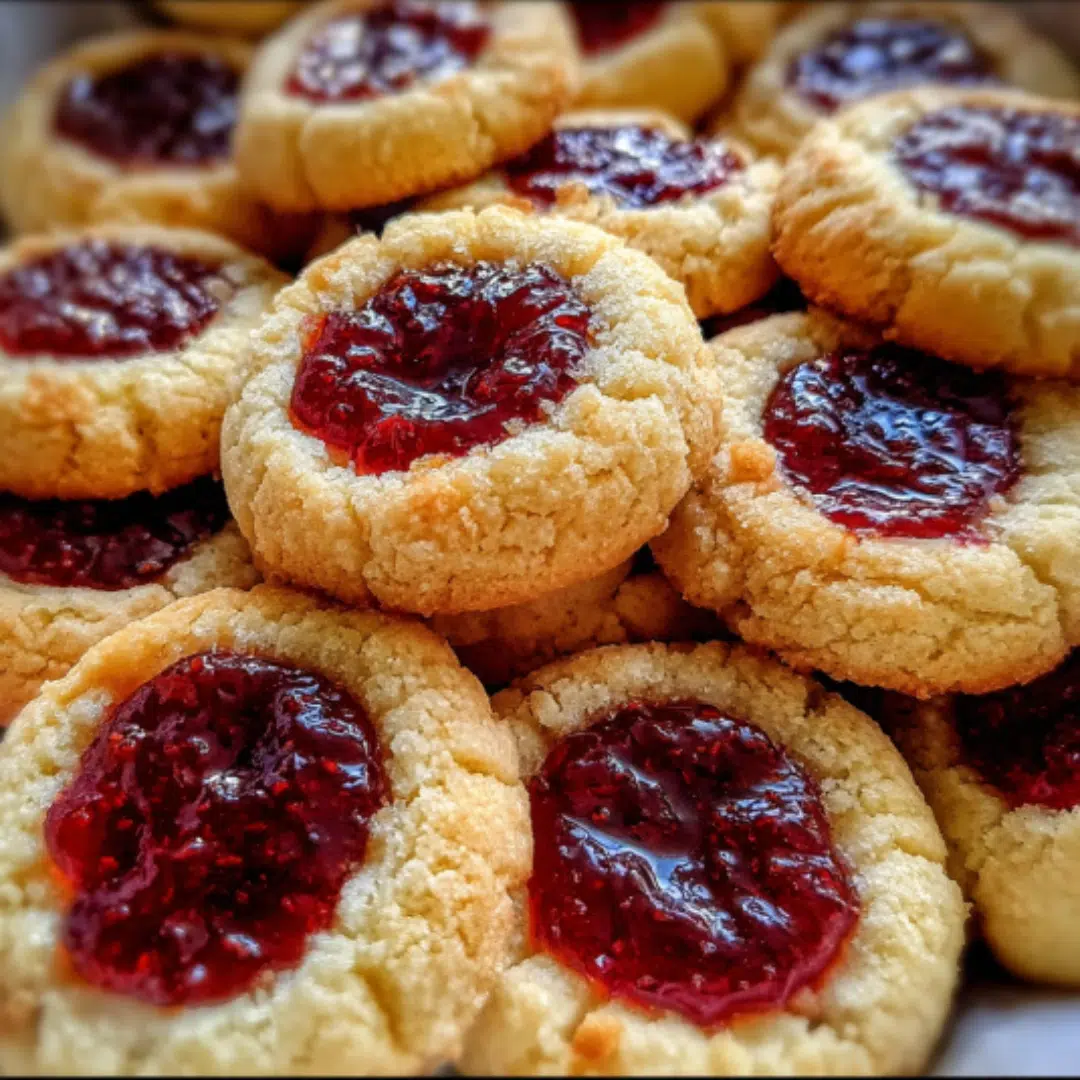 Flat lay of freshly baked Christmas Thumbprint Cookies with golden buttery edges and vibrant raspberry jam centers on a kitchen counter, surrounded by festive decorations.