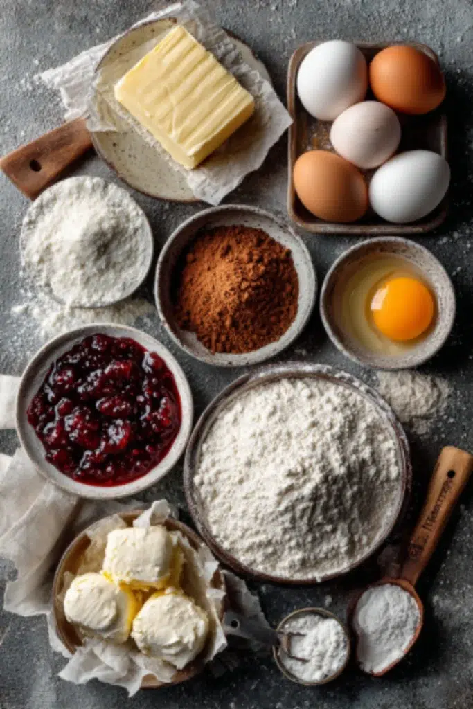 Flat lay of Christmas Thumbprint Cookie ingredients including butter, brown sugar, egg yolk, flour, and raspberry jam on a gray kitchen countertop, neatly arranged for easy baking.
