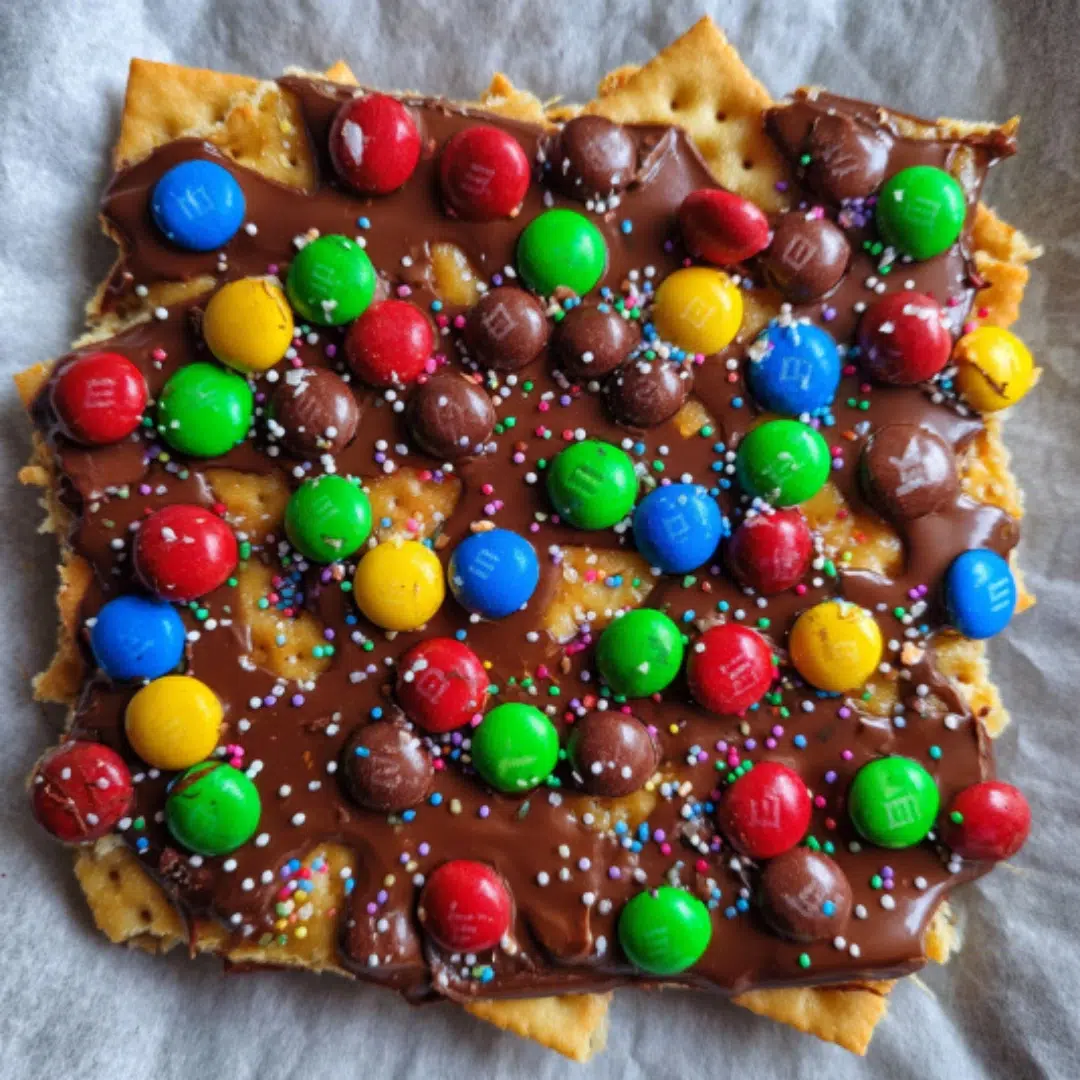 Flat lay of Christmas Crack candy with saltine crackers, caramel, chocolate, and colorful M&M’s on a baking sheet with festive decorations