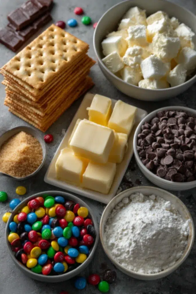 Flat lay of ingredients for Christmas Crack on a gray kitchen countertop, including saltine crackers, butter, brown sugar, chocolate chips, and M&M’s