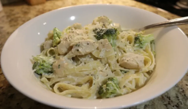 Flat lay of creamy chicken and broccoli fettuccine Alfredo served in a white bowl on a kitchen counter, topped with Parmesan and surrounded by simple home props.