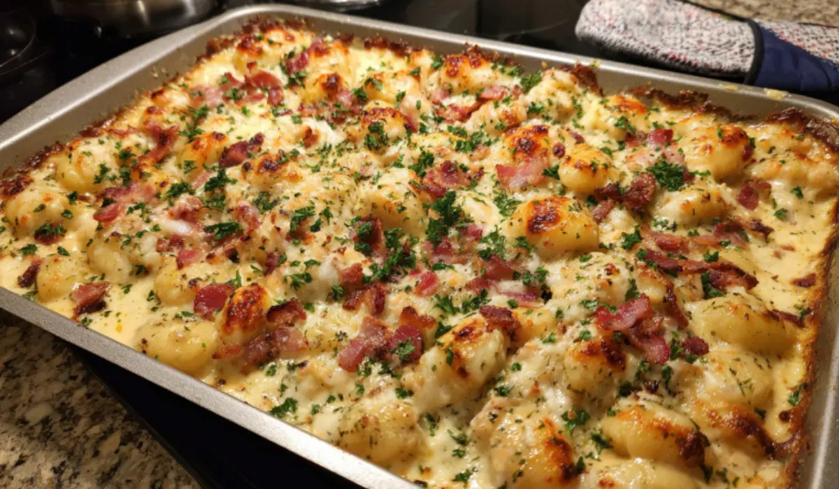 Flat lay of creamy crack chicken gnocchi in a cast-iron skillet with melted cheese, bacon, and parsley on a kitchen counter.