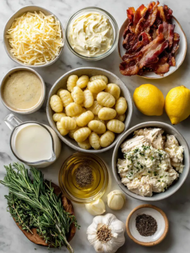 Flat lay of ingredients for creamy crack chicken gnocchi arranged neatly on a kitchen counter chicken, gnocchi, cream cheese, bacon, cheddar, herbs, and lemon.