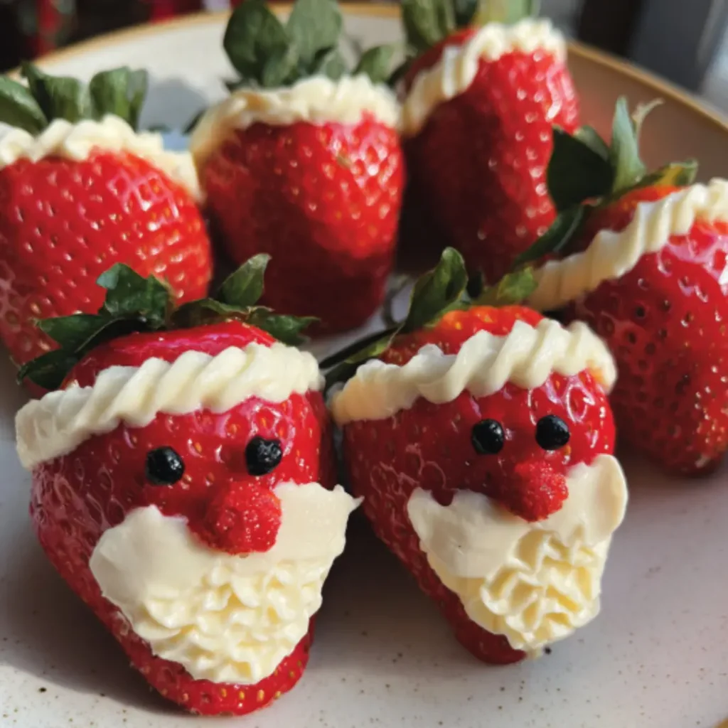 Decorated strawberry cream cheese bites displayed on a white serving plate for a fun and easy dessert.