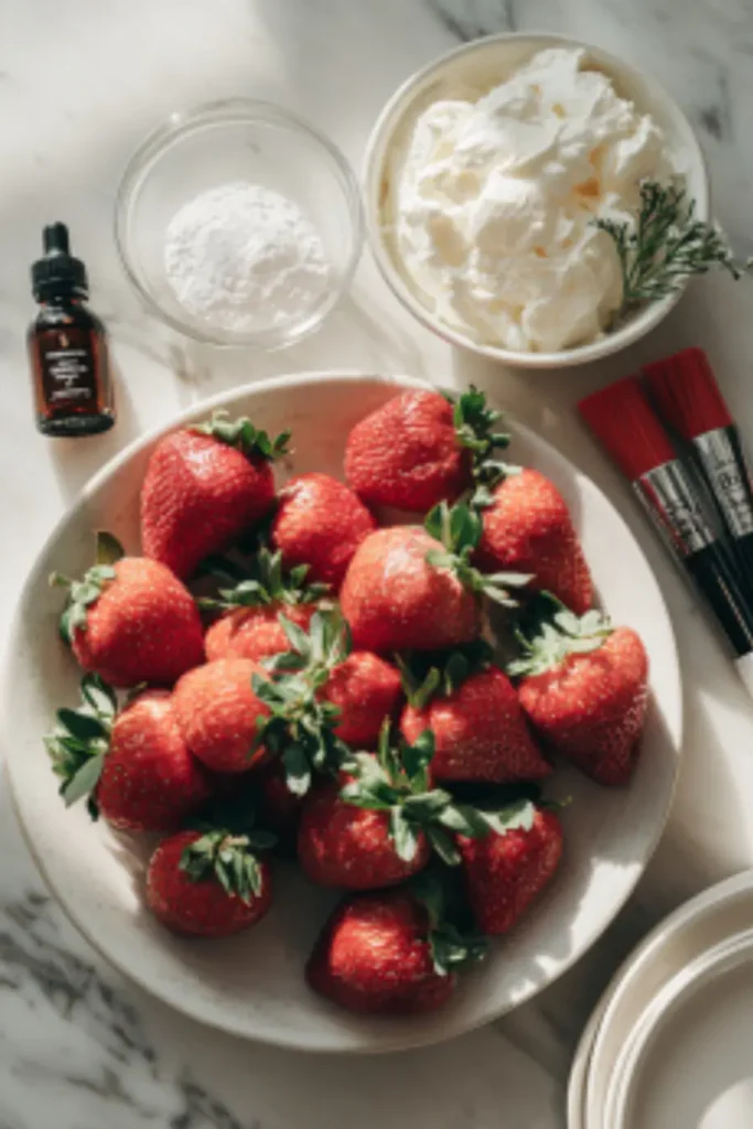 Fresh strawberries, whipped cream cheese, powdered sugar, vanilla extract, and decorative icing arranged neatly on a marble surface.