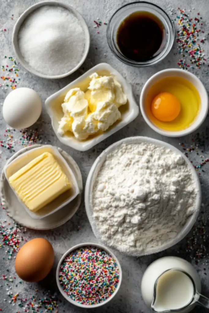 Flat-lay of baking ingredients including butter, sugar, flour, egg, vanilla, milk, and icing sugar arranged on a gray countertop.