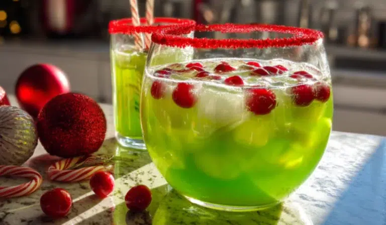 Bright green Grinch punch with lime sherbet scoops in a clear glass bowl, surrounded by red sugar-rimmed glasses, candy canes, and Christmas ornaments on a kitchen counter.