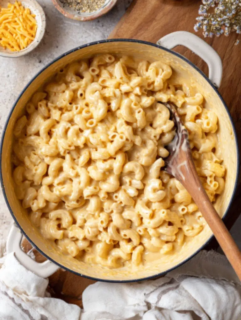 Cavatappi pasta coated in rich cheese sauce inside a large pan, stirred with a wooden spoon on a home kitchen counter.