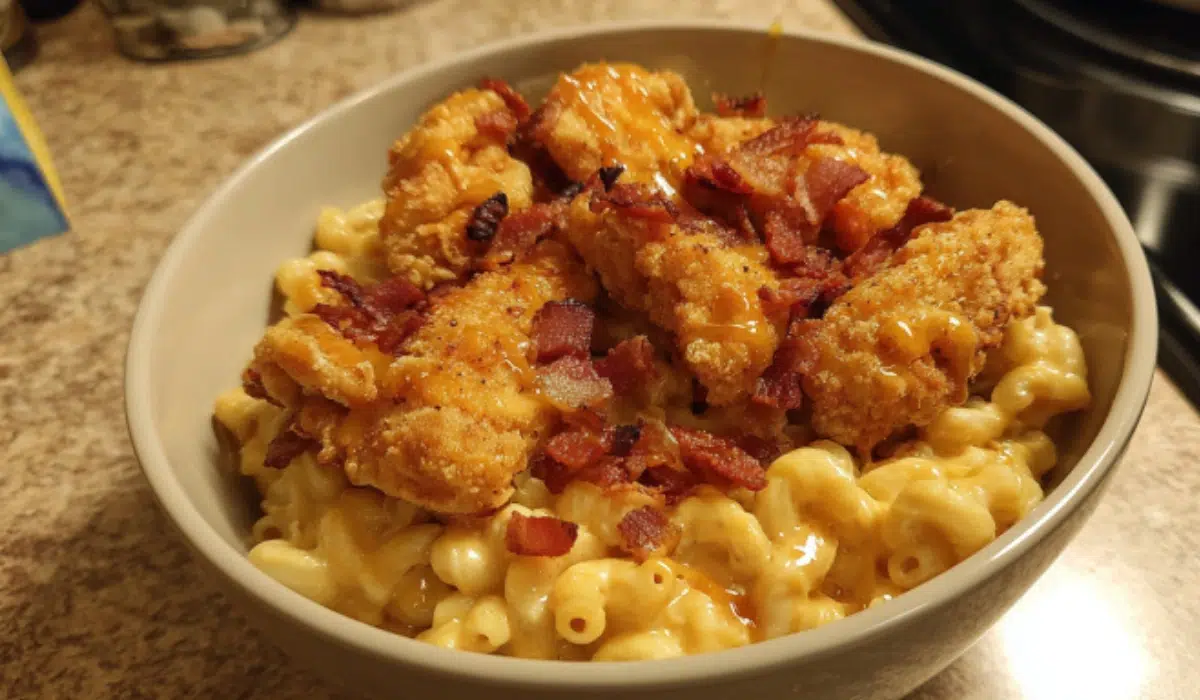 Flat lay of Honey Pepper Chicken Mac and Cheese on a kitchen counter, showing glazed fried chicken over creamy four-cheese macaroni with bacon bits and parsley.