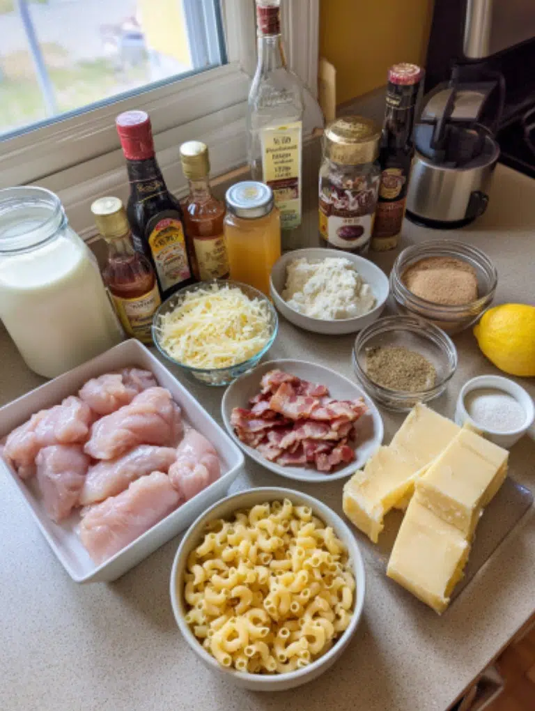 Flat lay of Honey Pepper Chicken Mac and Cheese ingredients arranged neatly on a kitchen counter — cavatappi pasta, raw chicken tenders, honey jar, cheeses, spices, garlic, Anaheim pepper, bacon, and small bowls of sauce ingredients, photographed with an iPhone 15 Pro.