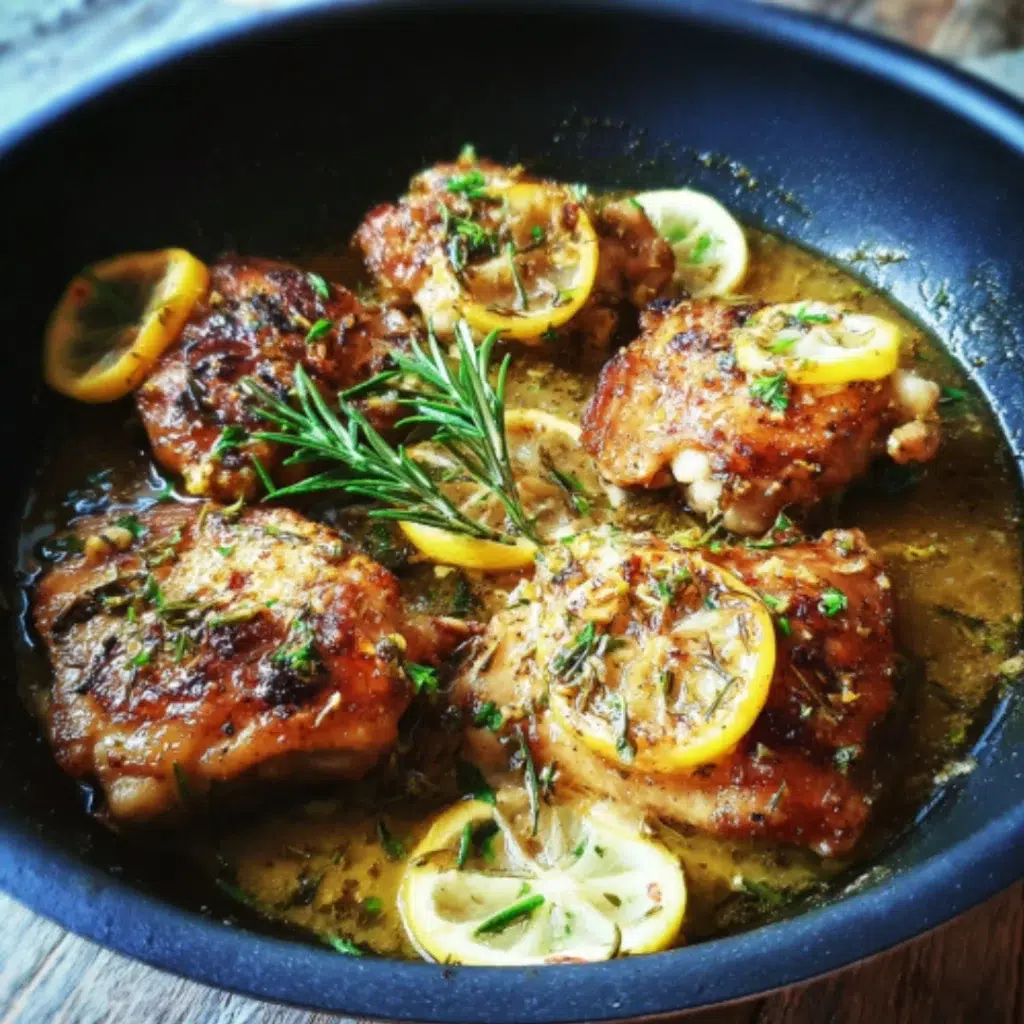 Plated lemon garlic chicken thighs served with herbs on a white plate set on a gray kitchen surface.