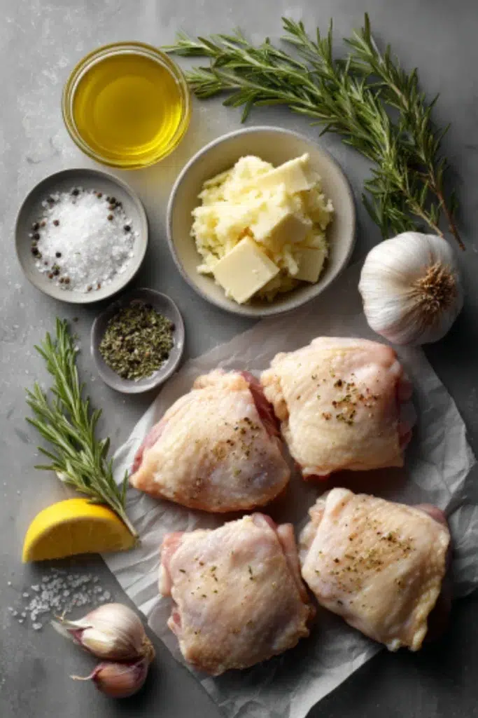 Flat lay of raw chicken thighs, garlic, butter, lemon zest, olive oil, rosemary, salt, and pepper arranged on a gray countertop.