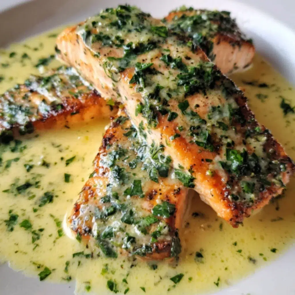 Plated creamy lemon butter salmon served with extra sauce and fresh parsley on top.