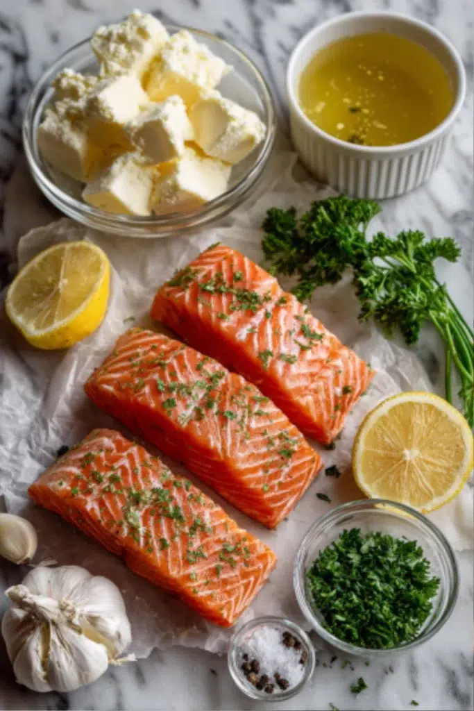 Flat lay of salmon, butter chunks, cream, chicken broth, lemon, parsley, garlic, oil, salt, and pepper on a white marble surface.