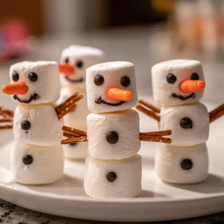 Stacked marshmallow snowmen with pretzel arms, orange jelly bean noses, and chocolate syrup details on a white plate