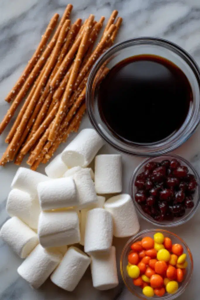 Marshmallows, pretzel sticks, orange jelly beans, chocolate syrup, and black food gel neatly arranged on a marble countertop