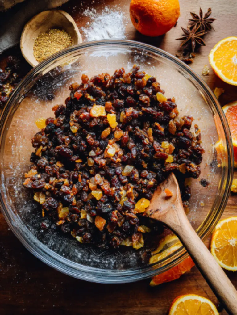 Bowl of mincemeat mixture with raisins, currants, grated apple, and candied peel being stirred on a kitchen counter.