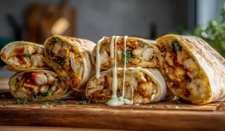 Golden cheesy garlic chicken wraps sliced in half on a wooden board, melted cheese stretching, garlic mayo drizzle, and crisp tortillas under soft daylight.