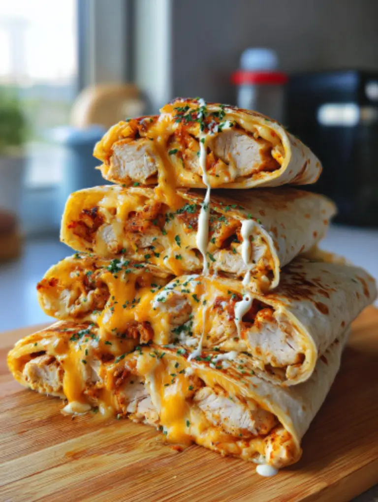 Sliced cheesy garlic chicken wraps on a white plate, melted cheese pull, garlic butter drizzle, and parsley garnish, served with a side of dipping sauce.