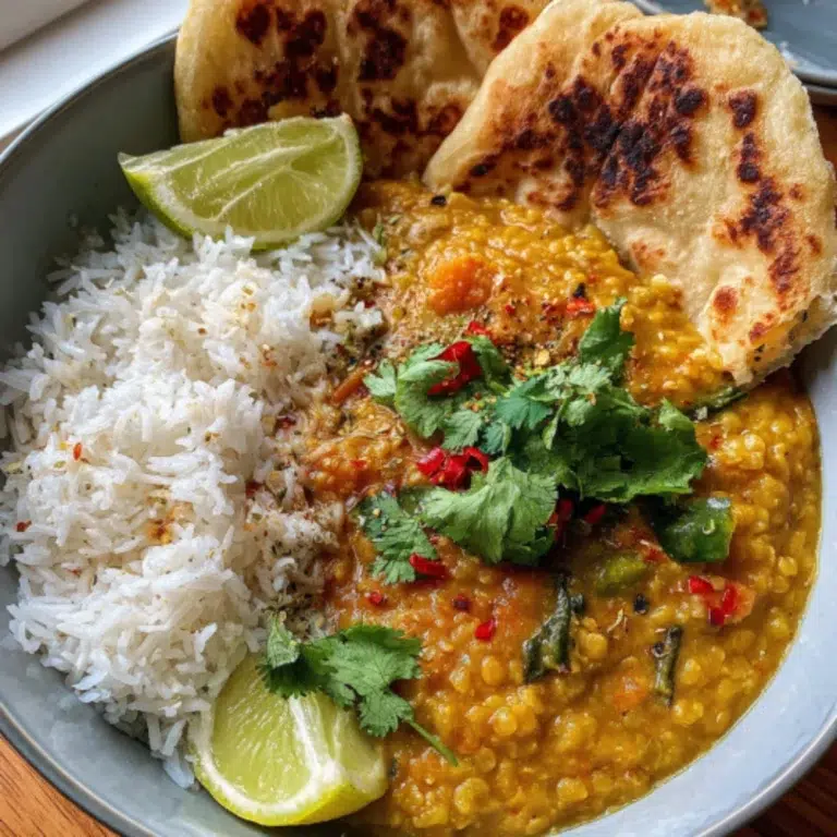 Overhead view of a bowl of creamy red lentil curry with basmati rice and naan, garnished with fresh cilantro and lemon wedge on a kitchen counter