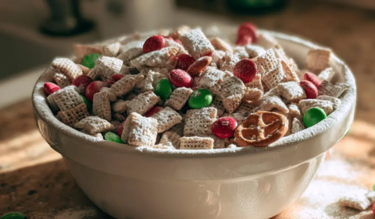 A large white bowl filled with Reindeer Chow made of Chex cereal, pretzels, red and green M&Ms, and powdered sugar, sitting on a kitchen counter.