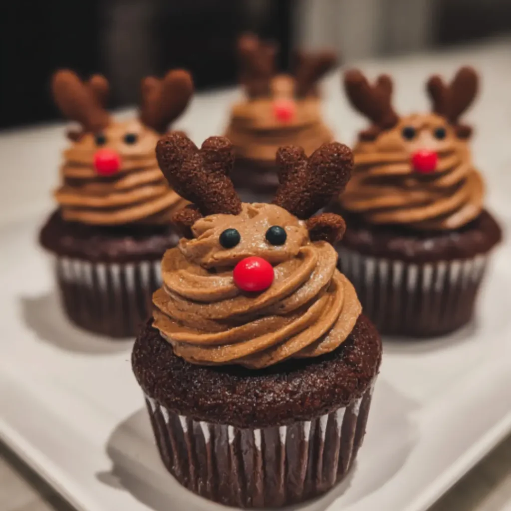 Slice of devil’s food cake with chocolate frosting served on a plate with a fork on a marble surface.