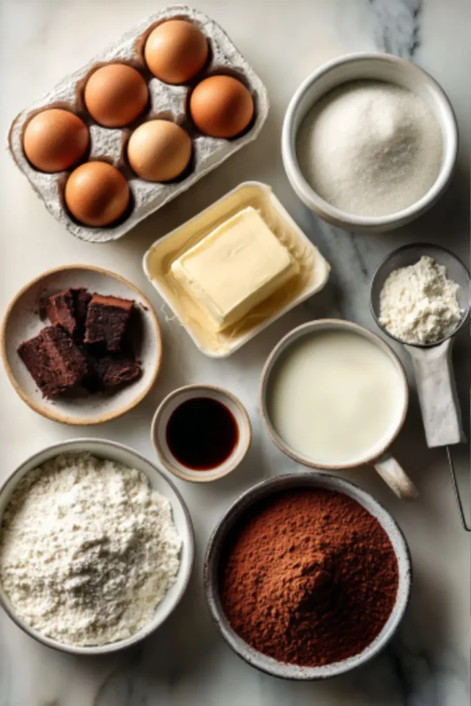 Flat lay of devil’s food cake ingredients including cake mix, eggs, oil, vanilla, milk, sour cream, butter, cocoa powder, and powdered sugar on a marble surface.