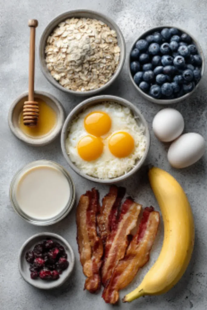 Flat lay of all ingredients for a healthy breakfast bake arranged on a marble surface.
