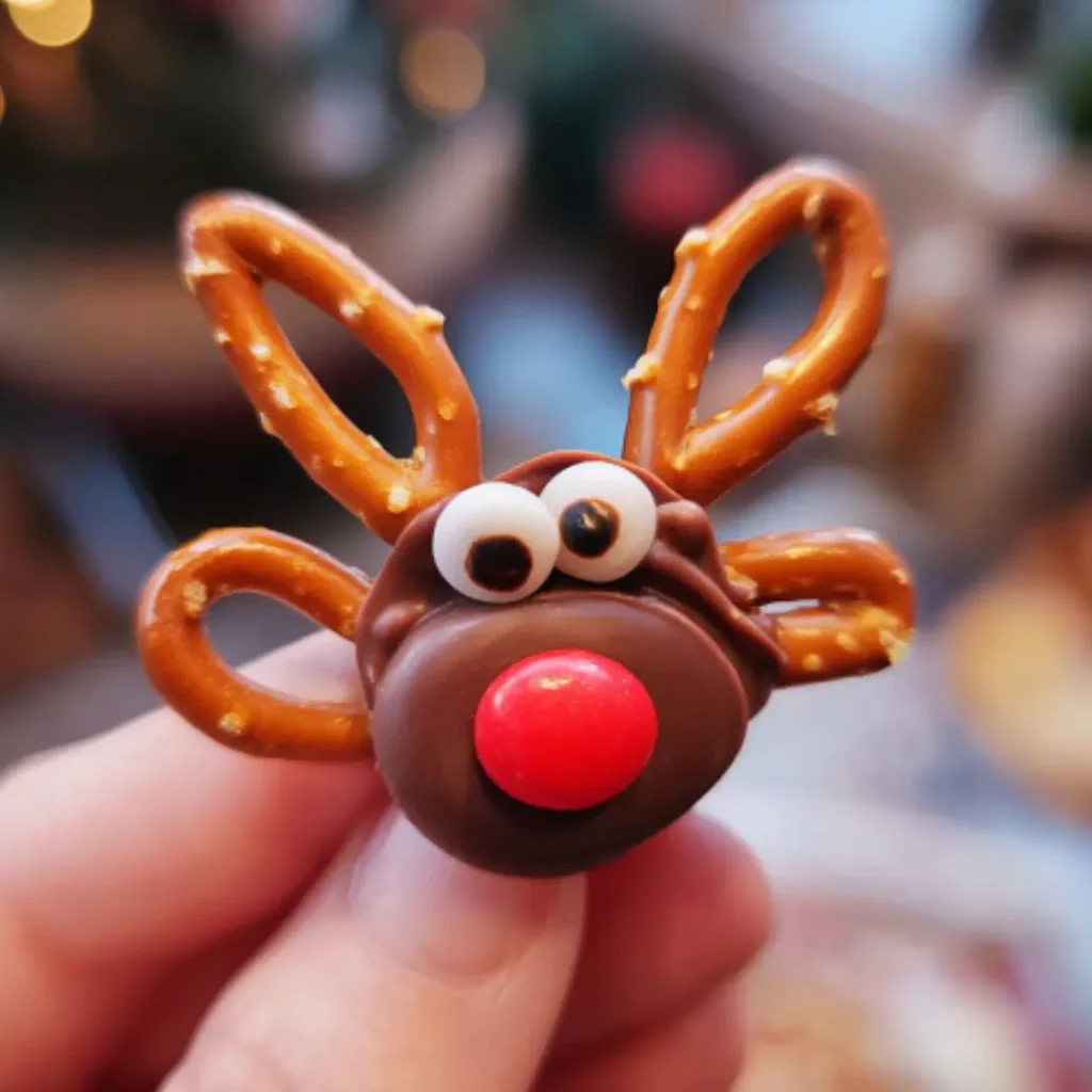Finished Mini Pretzel Rolo Monsters with candy eyes and red candy noses served on a plate