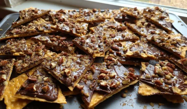 Homemade saltine toffee bark topped with melted chocolate, chopped pecans, and flaky sea salt on parchment paper.