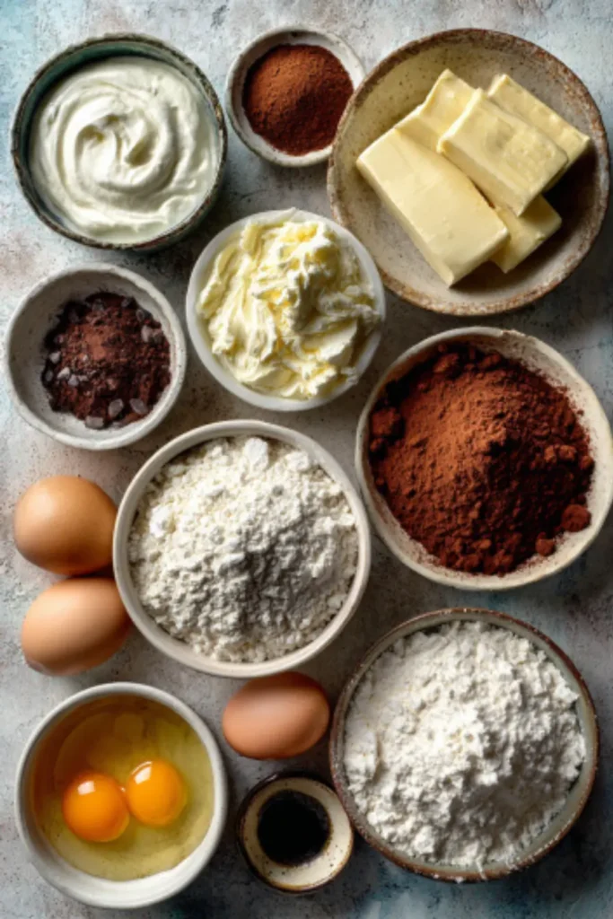 Flat lay of baking ingredients for chocolate cake and buttercream arranged neatly on a kitchen counter.