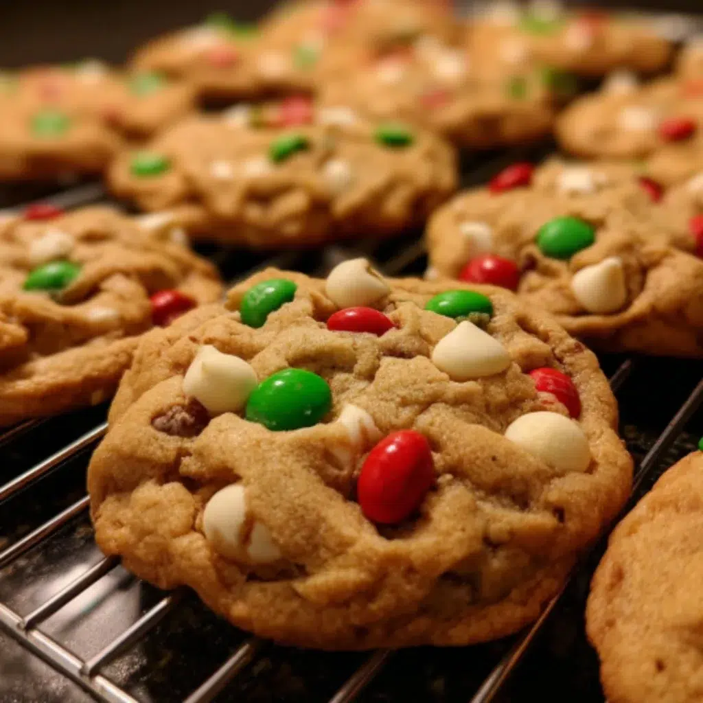 Freshly baked Christmas M&M cookies on a white plate, ready to serve on a gray countertop.