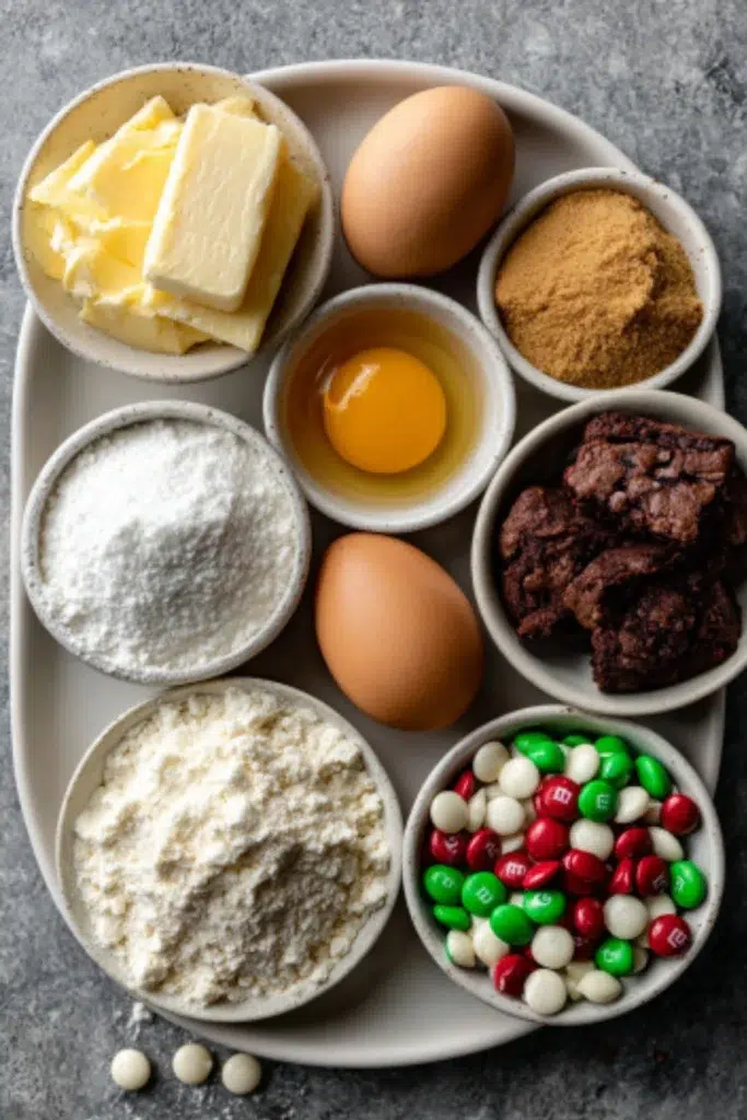 Flat lay of butter, sugars, flour, vanilla pudding mix, chocolate chips, M&Ms, and baking ingredients arranged on a white plate over a gray countertop.