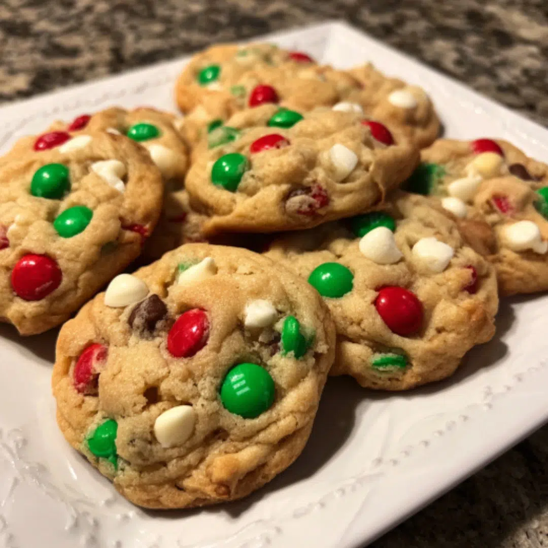 Soft and chewy Christmas cookies stacked on a white plate, filled with chocolate chips and holiday M&M candies on a gray countertop.
