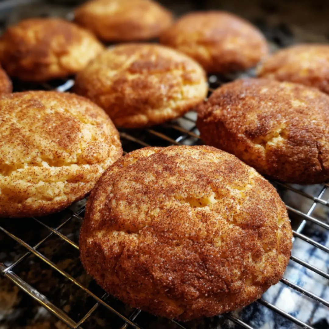 Freshly baked snickerdoodle cookies stacked on a plate with a cinnamon-sugar coating.