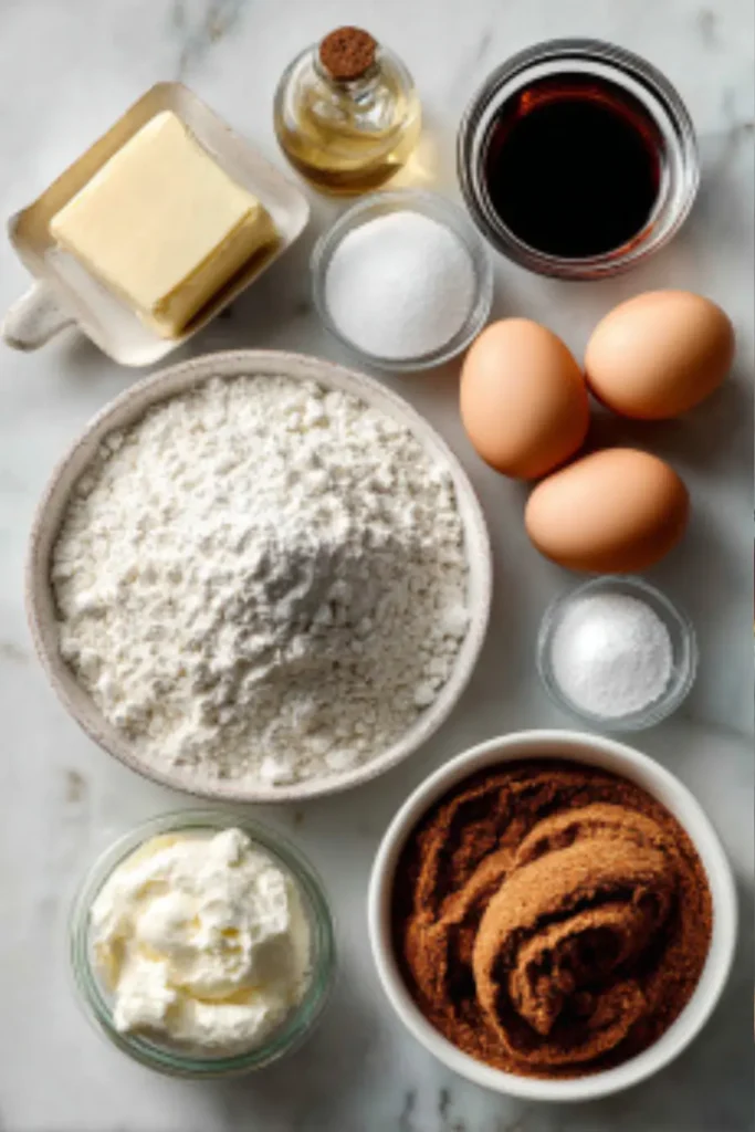 Flat lay of snickerdoodle ingredients arranged on a white marble surface, including butter, sugar, eggs, vanilla, flour, cream of tartar, baking soda, salt, and cinnamon-sugar.