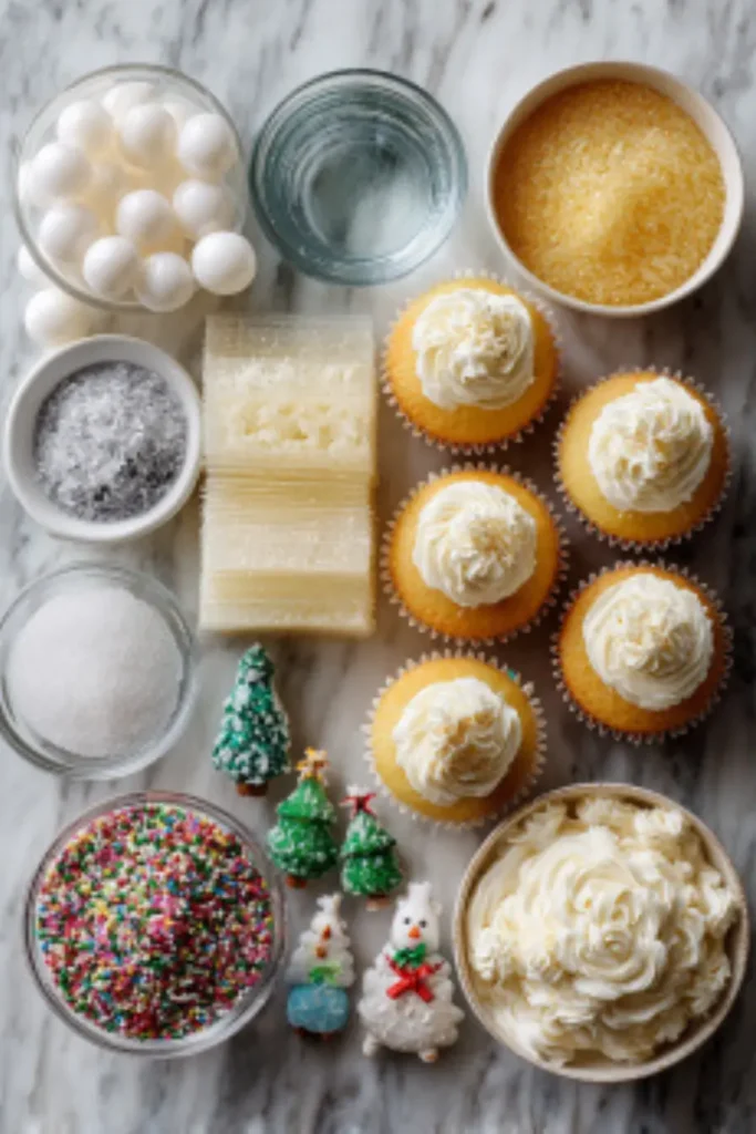 Flat lay of gelatin sheets, balloons, sprinkles, cupcakes, buttercream, and other ingredients needed to make gelatin bubble cupcakes.