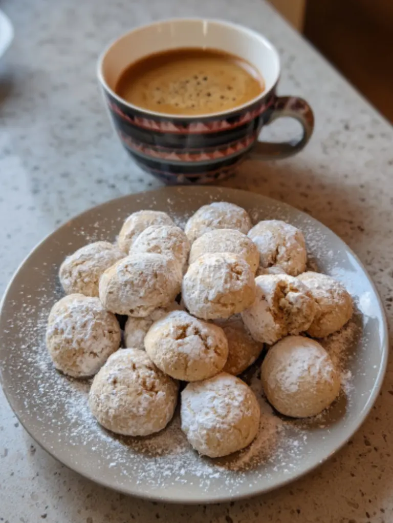 Plate of snowball cookies served beside a cup of coffee on a kitchen counter, natural lighting, cozy homemade presentation.