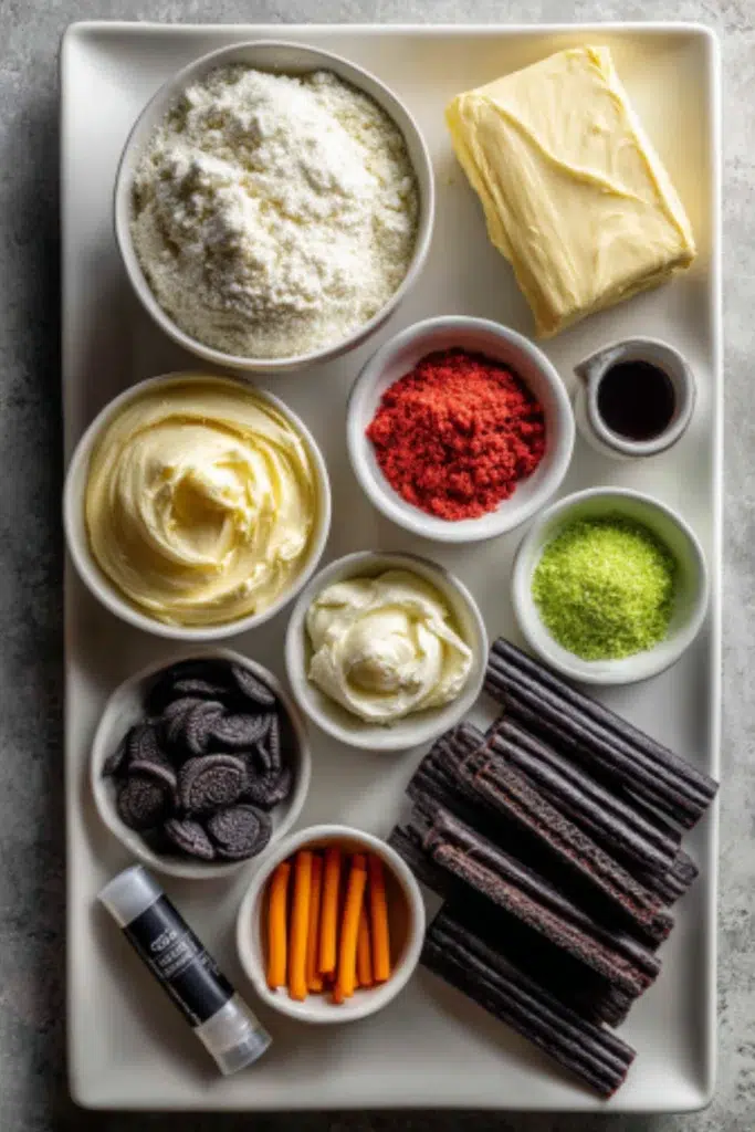 Flat-lay of cake pop ingredients including cake mix, frosting, melting chocolate, fondant pieces, lollipop sticks, and writing gels arranged on a white plate over a gray countertop.