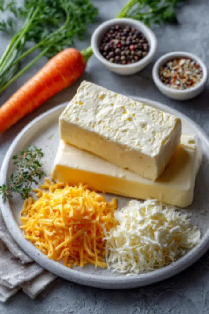 Cream cheese blocks, shredded cheddar, shredded jack cheese, ranch seasoning, baby carrot, and peppercorns arranged on a white plate over a gray countertop.