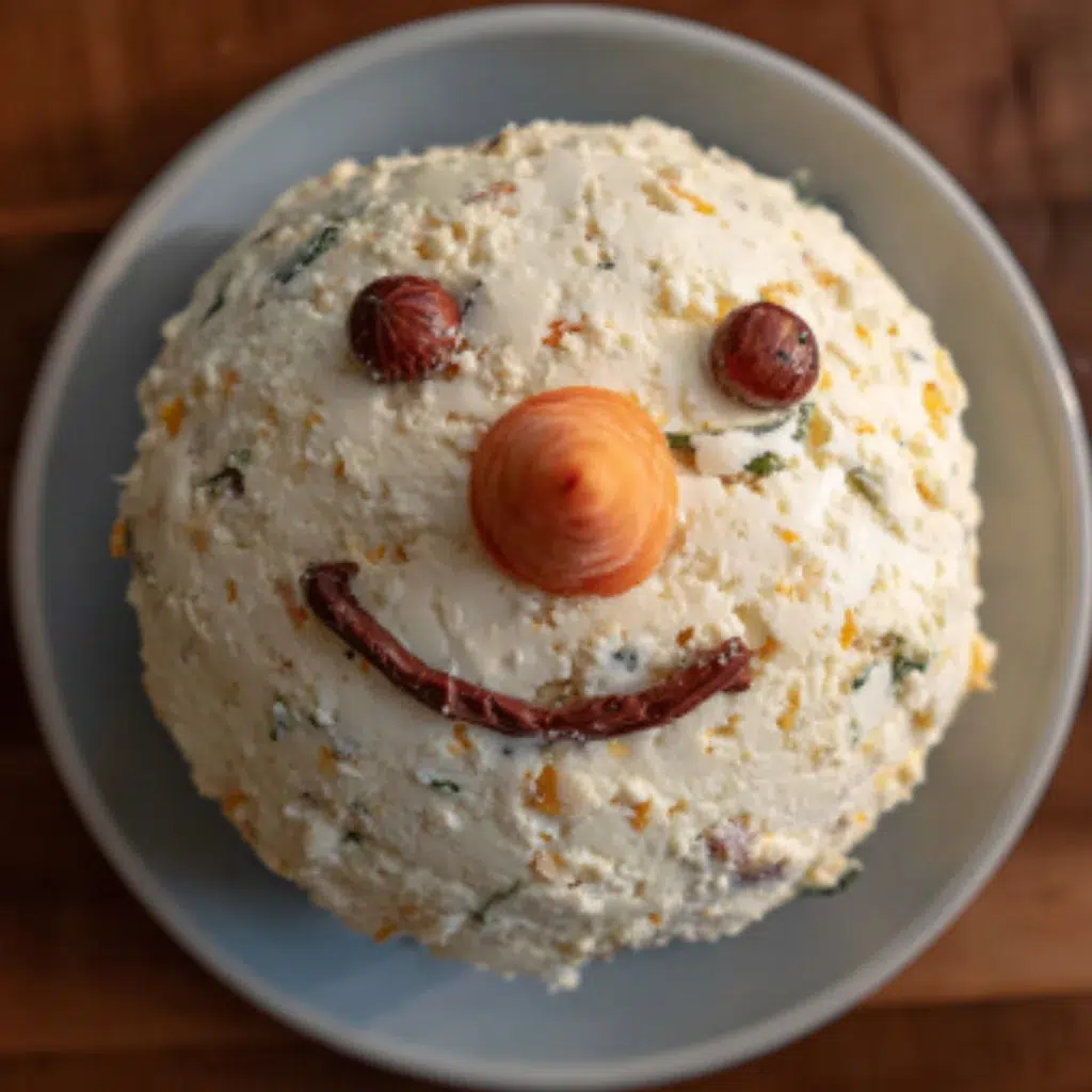 Cheese ball served with crackers on a white plate, displayed on a gray kitchen countertop.