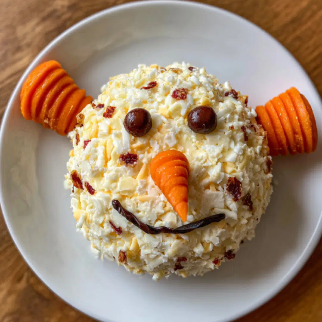 Creamy cheese ball with shredded cheddar coating on a white plate over a gray countertop.