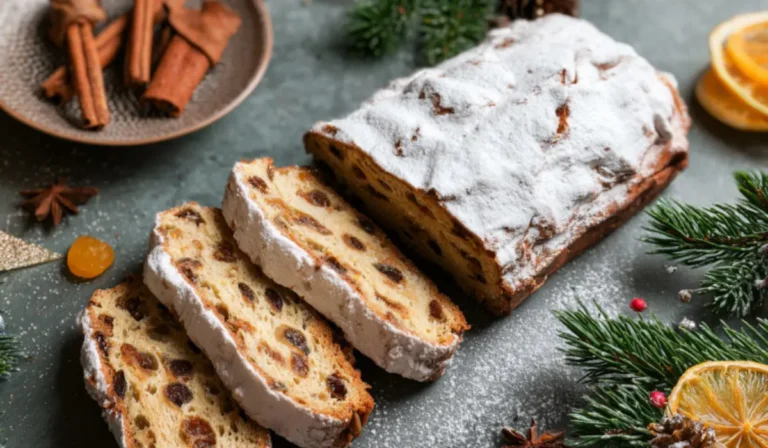 Flat lay of sliced German stollen dusted with powdered sugar and marzipan filling on a kitchen counter.