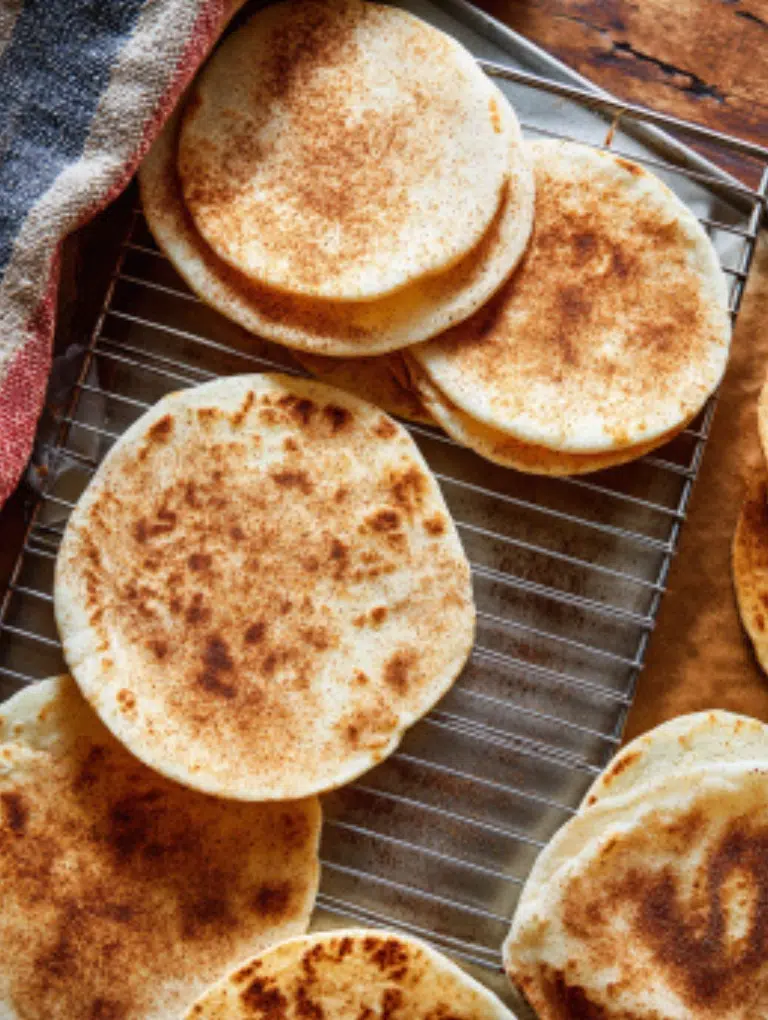 Small flour tortillas brushed with melted butter and coated in cinnamon sugar on an oven rack, forming taco shells.