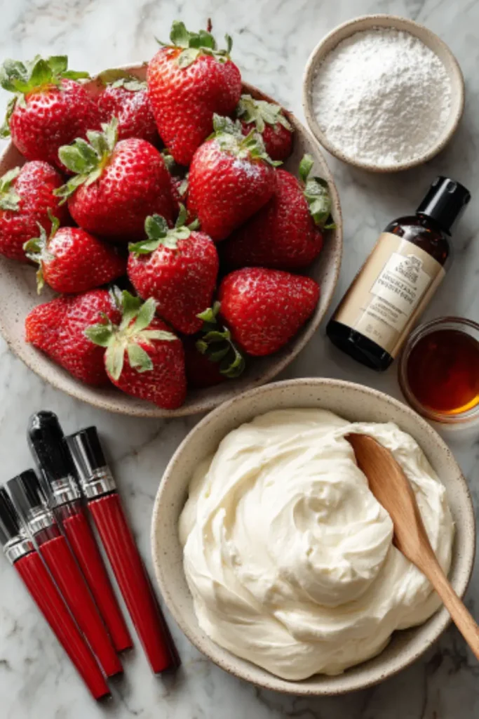 Fresh strawberries, whipped cream cheese, powdered sugar, vanilla extract, and decorative icing on a countertop