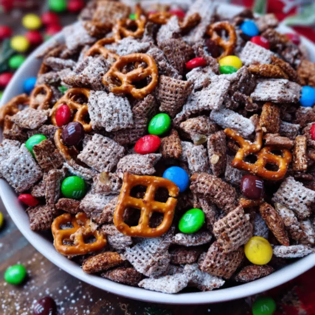 Holiday snack mix served in a festive bowl, ready to enjoy with scattered mini pretzels, Reese’s Minis, and Christmas M&Ms
