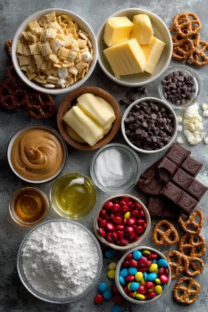 Flat lay of ingredients for holiday snack mix on gray kitchen countertop including Rice Chex, chocolate chips, peanut butter, pretzels, Reese’s Minis, powdered sugar, and Christmas M&Ms